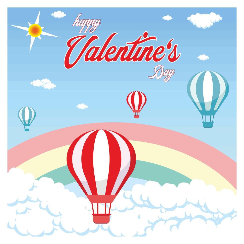 Happy Valentine's Day with Hot Air Balloons and a Rainbow vector
