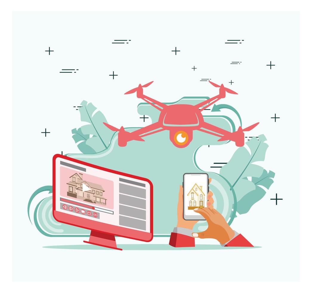 Real estate tour. Modern Drone Technology Showcased for Real Estate Visualization Solutions. vector