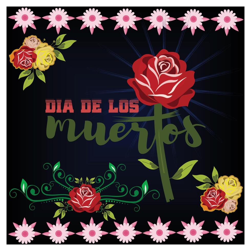 Dia de los Muertos Rose Artwork With Floral Decorations and Dark Background. vector