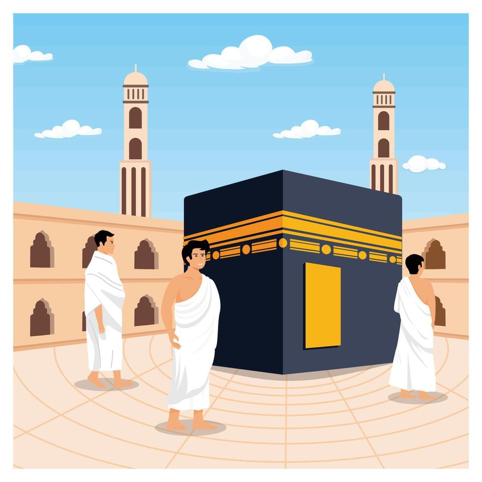 People Tawaf walking around Kaaba seven times. Hajj and umrah. vector