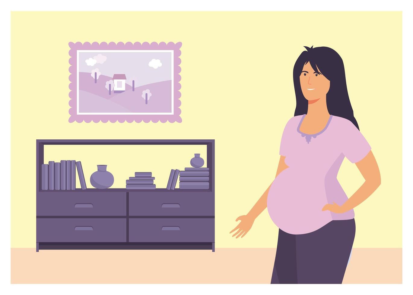 Pregnant Woman Posing in a Modern Room with Bookshelf and Painting. vector