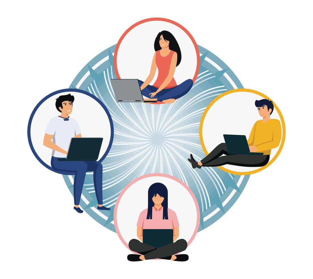 Virtual Collaboration of Diverse People Connected Through Technology. vector