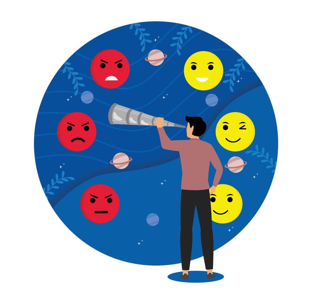 Juggling emotions concept. Man looks at starry sky, emotional intelligence and mood control. vector