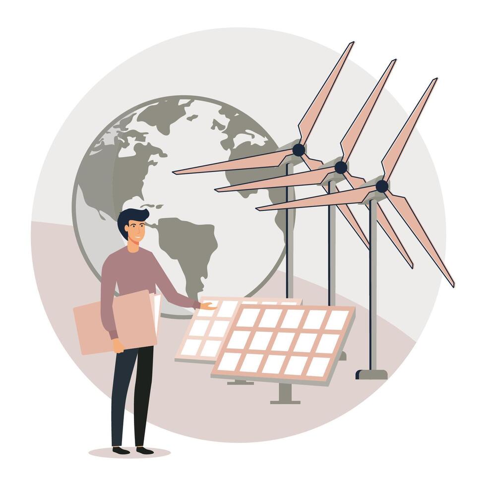 Renewable Energy with Solar Panels and Wind Turbines. vector