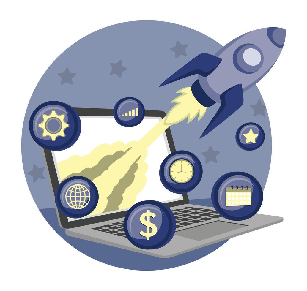 Start up Launch Concept With Rocket and Laptop for Business Success. vector