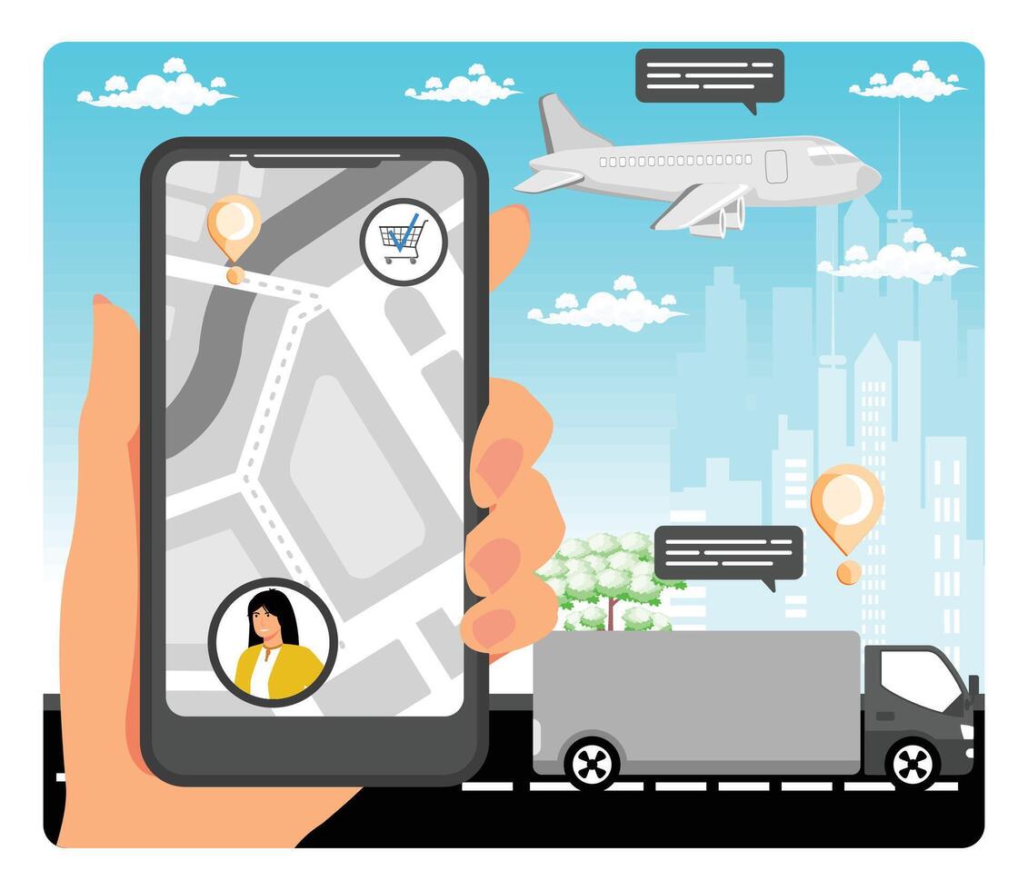Order delivery online tracking in Urban Landscape. vector