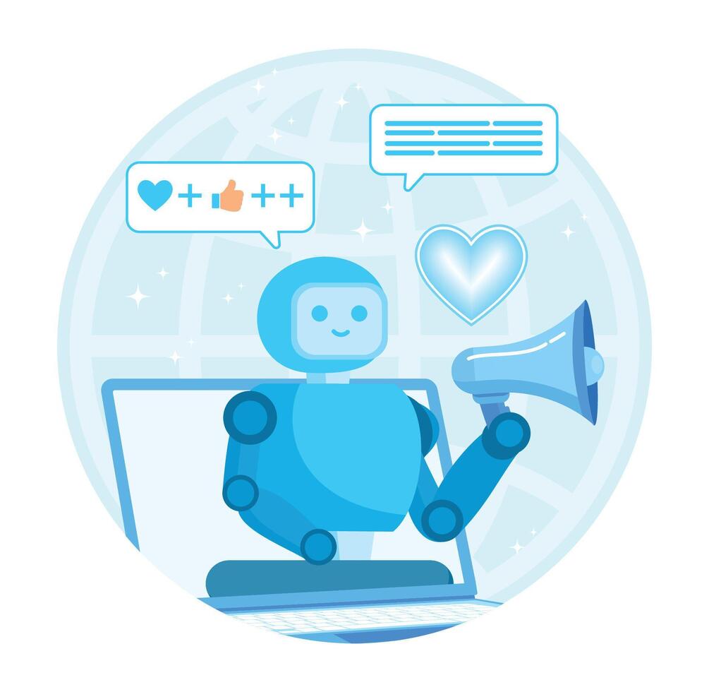 Artificial intelligence in social media. Blue Robot Interacting With Digital Content and Social Media Elements. vector