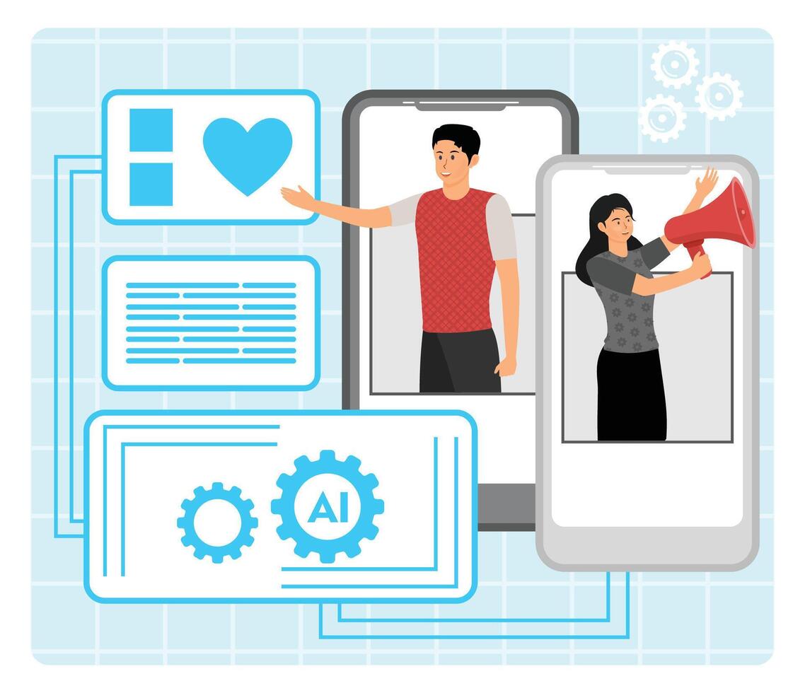 AI Backed Influencer Identification. Messaging and Communication Through Online Platforms. vector