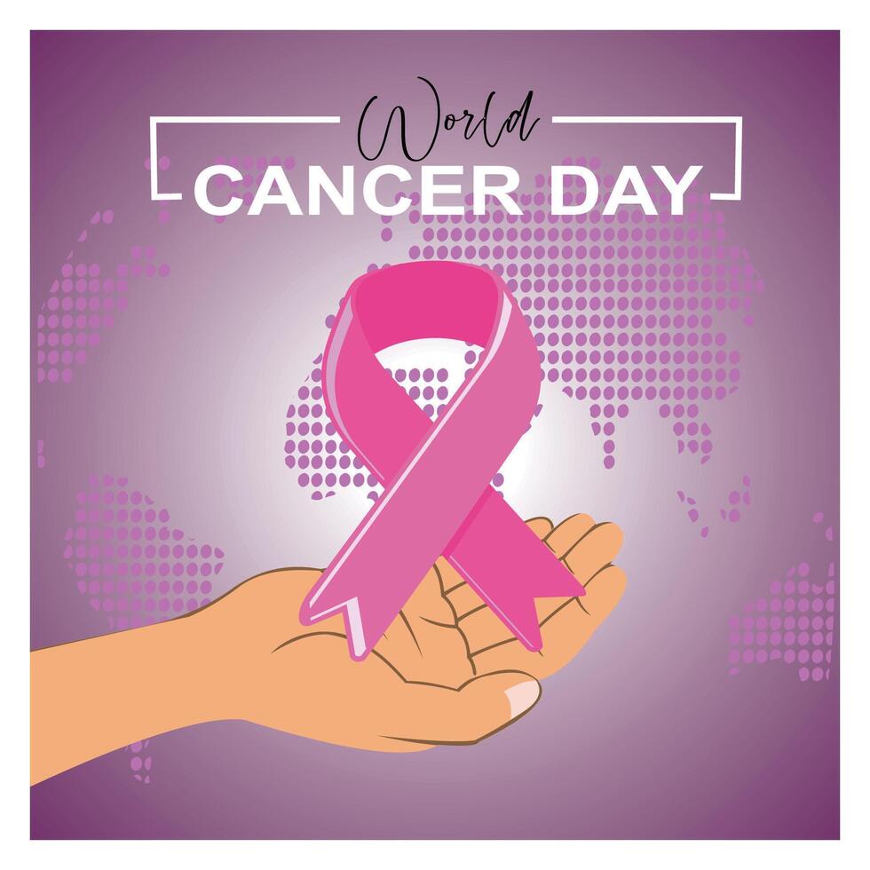 Hand holding pink ribbon for supporting World Cancer Day. vector