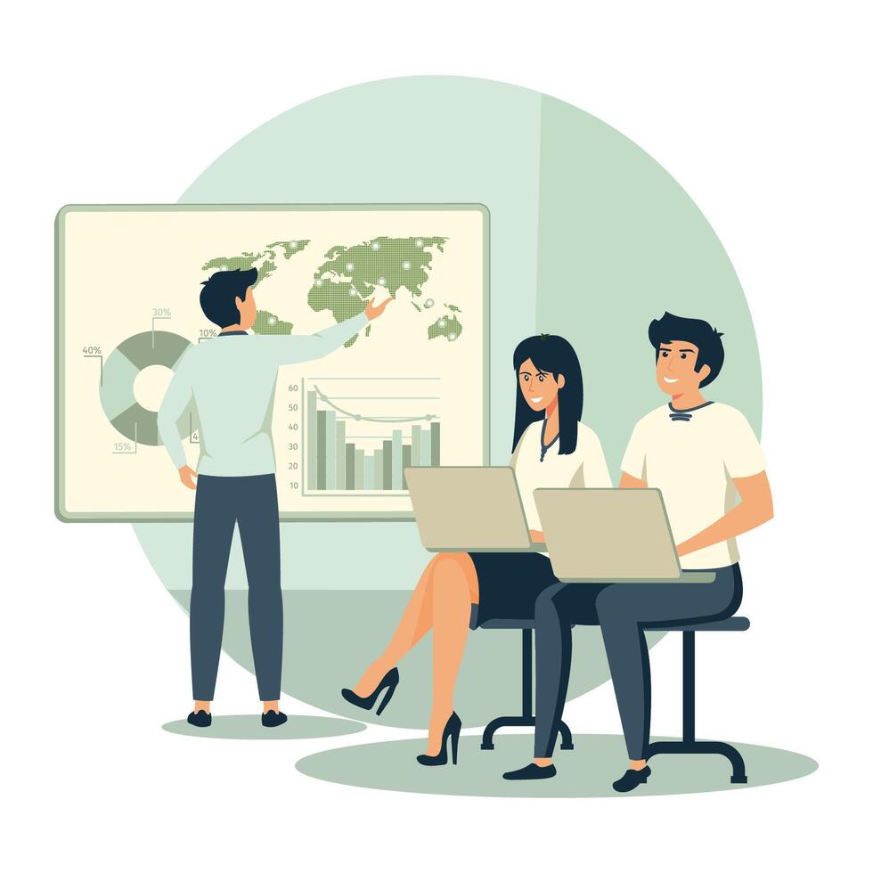 Project implementation concept. Group of colleagues working on the development of a new project. vector