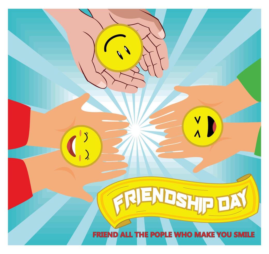 Happy international friendship day. Top view of eight friends hands. vector