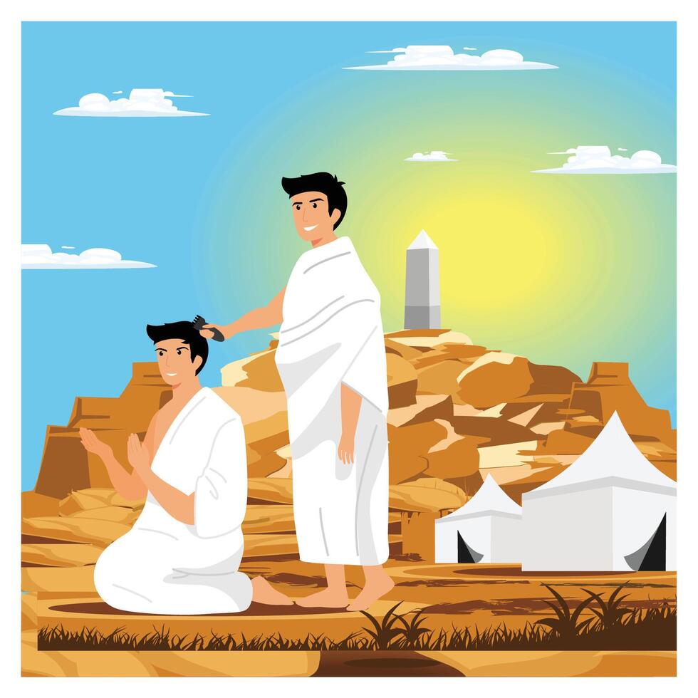 A Muslim shave or trim hair. A Ritual of the Hajj pilgrimage. vector