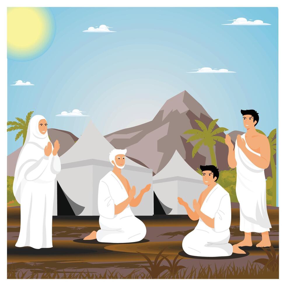 Group of Pilgrims Engaged in Prayer in Front of Tents and Mountain. vector