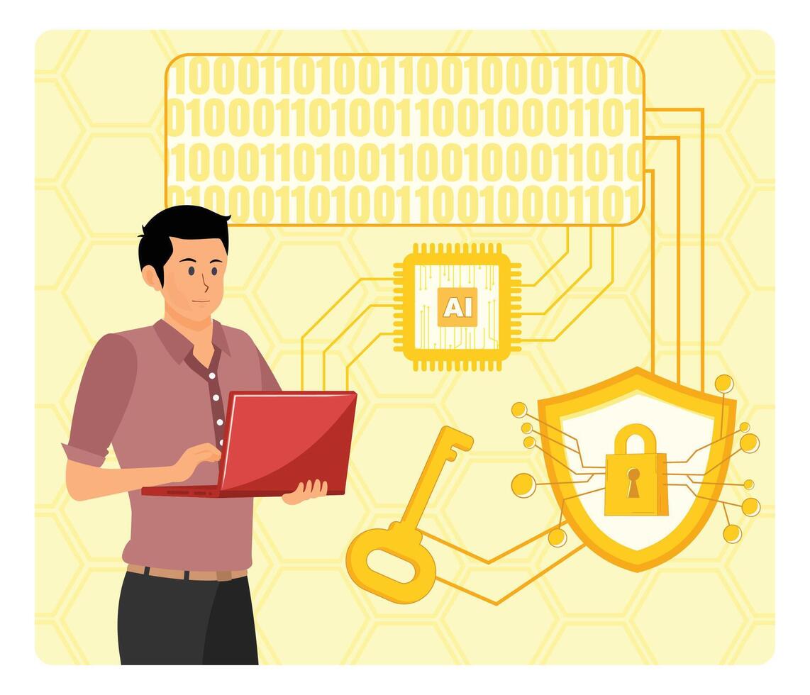 AI Supported Encryption. Man Working With Laptop on AI Security Digital Connections and Technology. vector