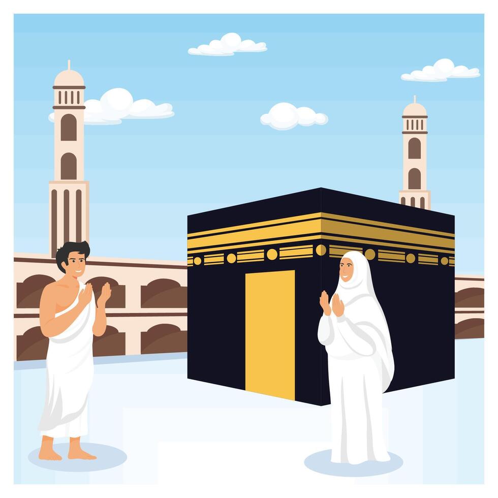 Two Pilgrims Praying by the Kaaba During Hajj in Mecca. vector