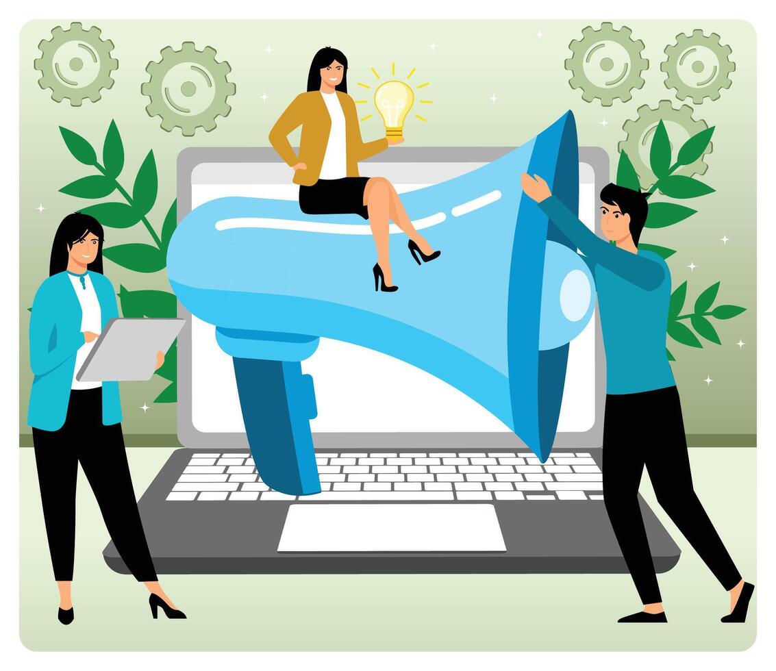 Teamwork and Innovation Concept. Word of mouth promotion with Megaphone. vector