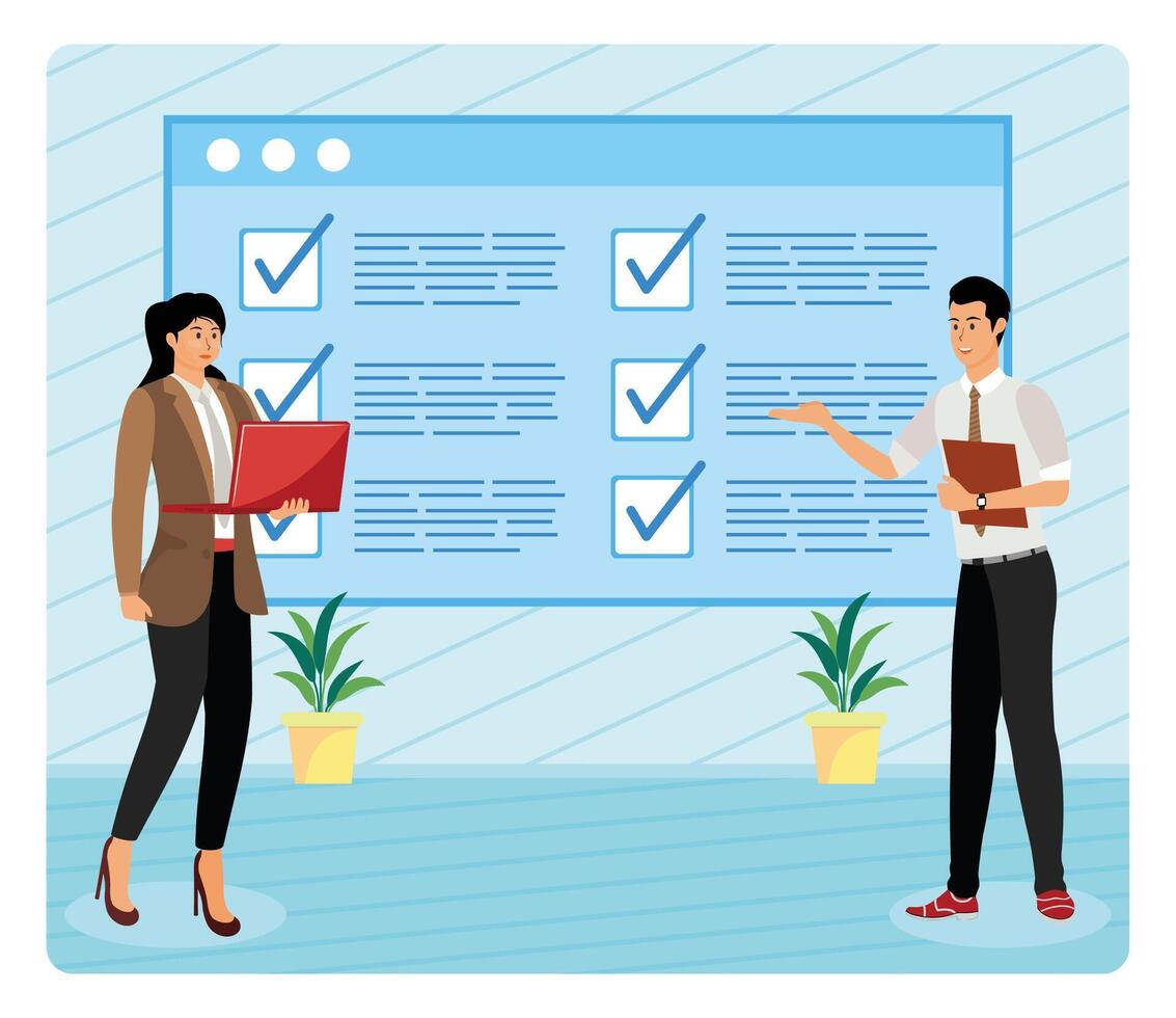 Colleagues Reviewing a Business Plan in a Modern Office Setting. vector