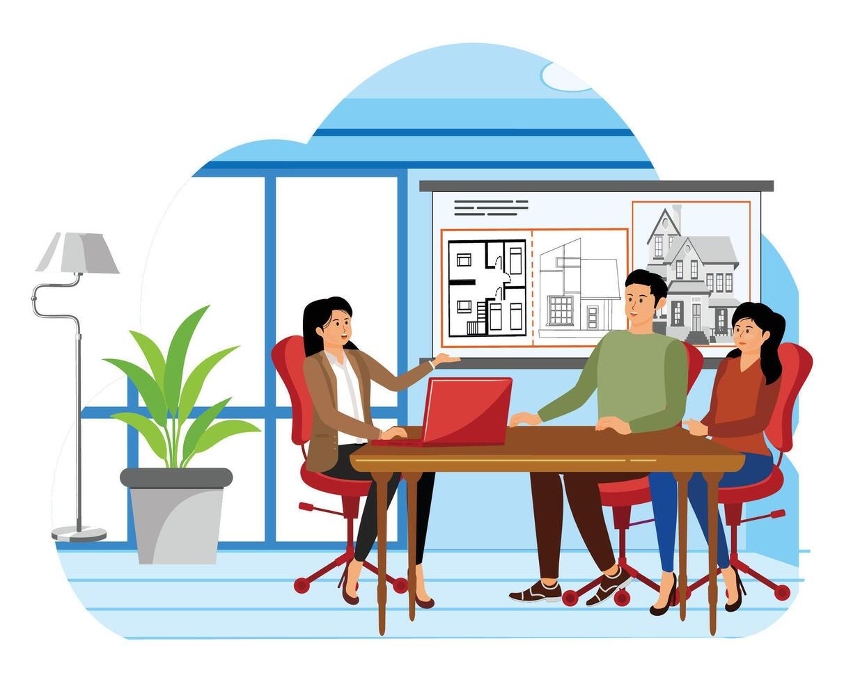 Real estate visiting broker. Couple meeting broker in office. vector