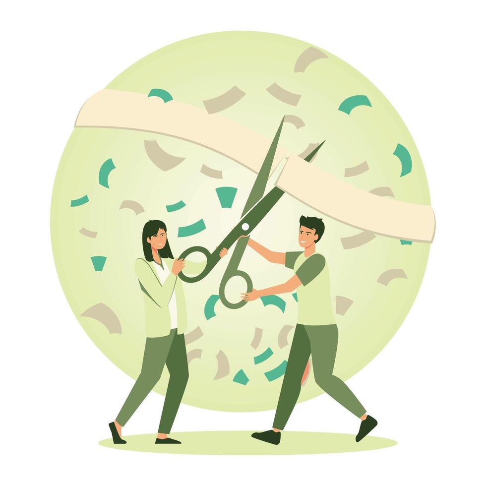 Grand opening card with ribbon. Group of businesspeople uses scissors and cutting tape. vector