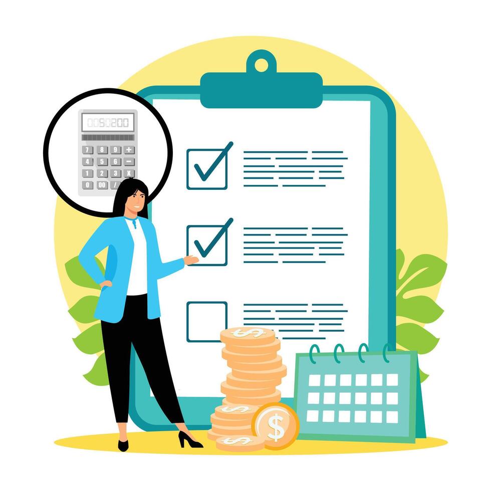 Businesswoman Presenting Financial Checklist with Calculator and Coin. vector