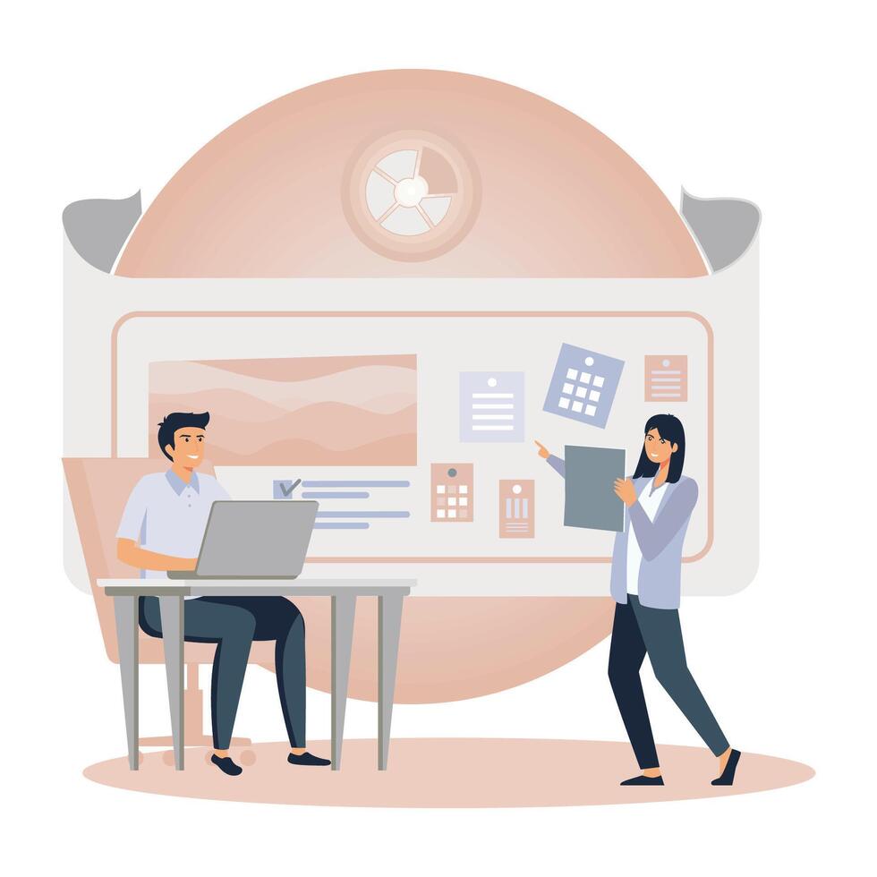 Office Collaboration with Laptop and Team Planning Board. vector