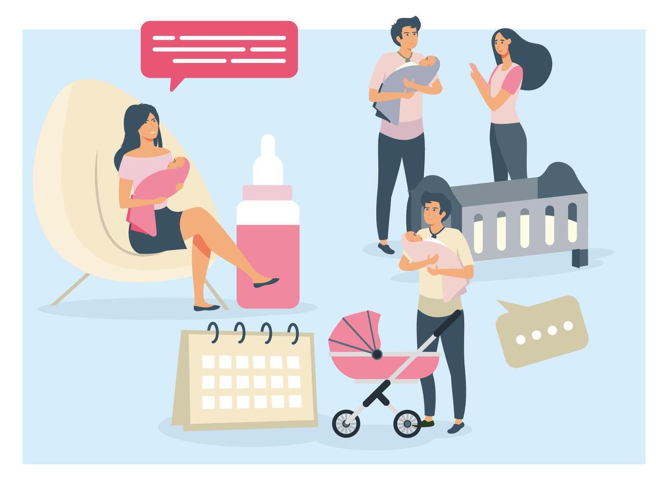 Family Taking Care of Newborns with Parenting and Baby Essentials. vector