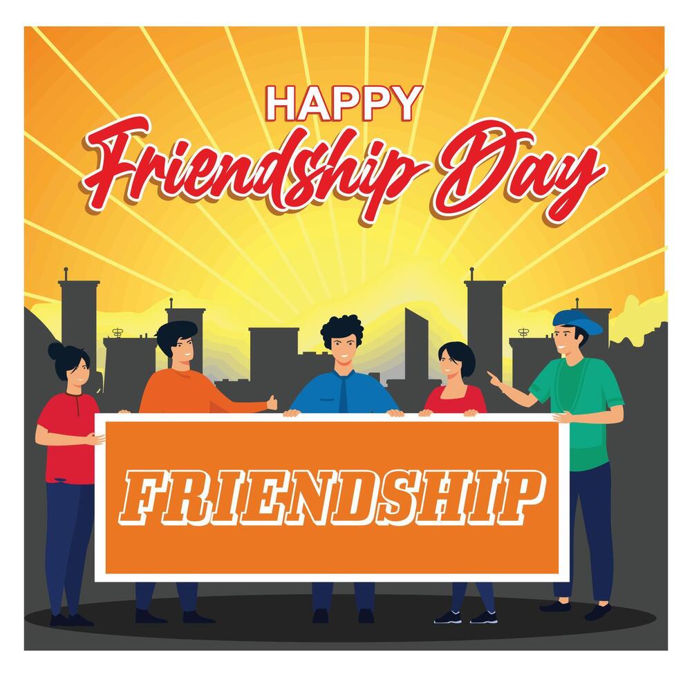 International friendship day greeting card, front view of friends group. vector