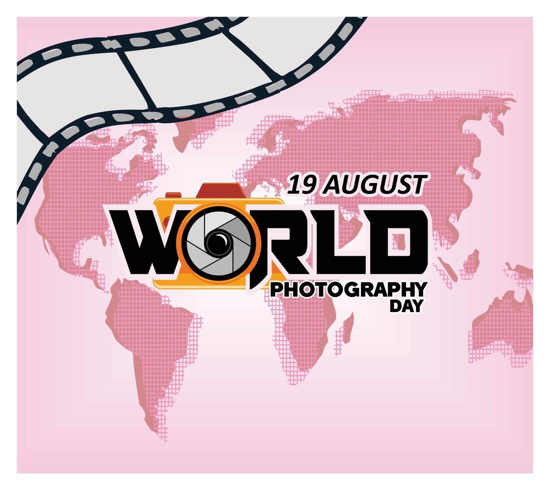 World Photography Day Celebration with Camera and Global Map Background. vector