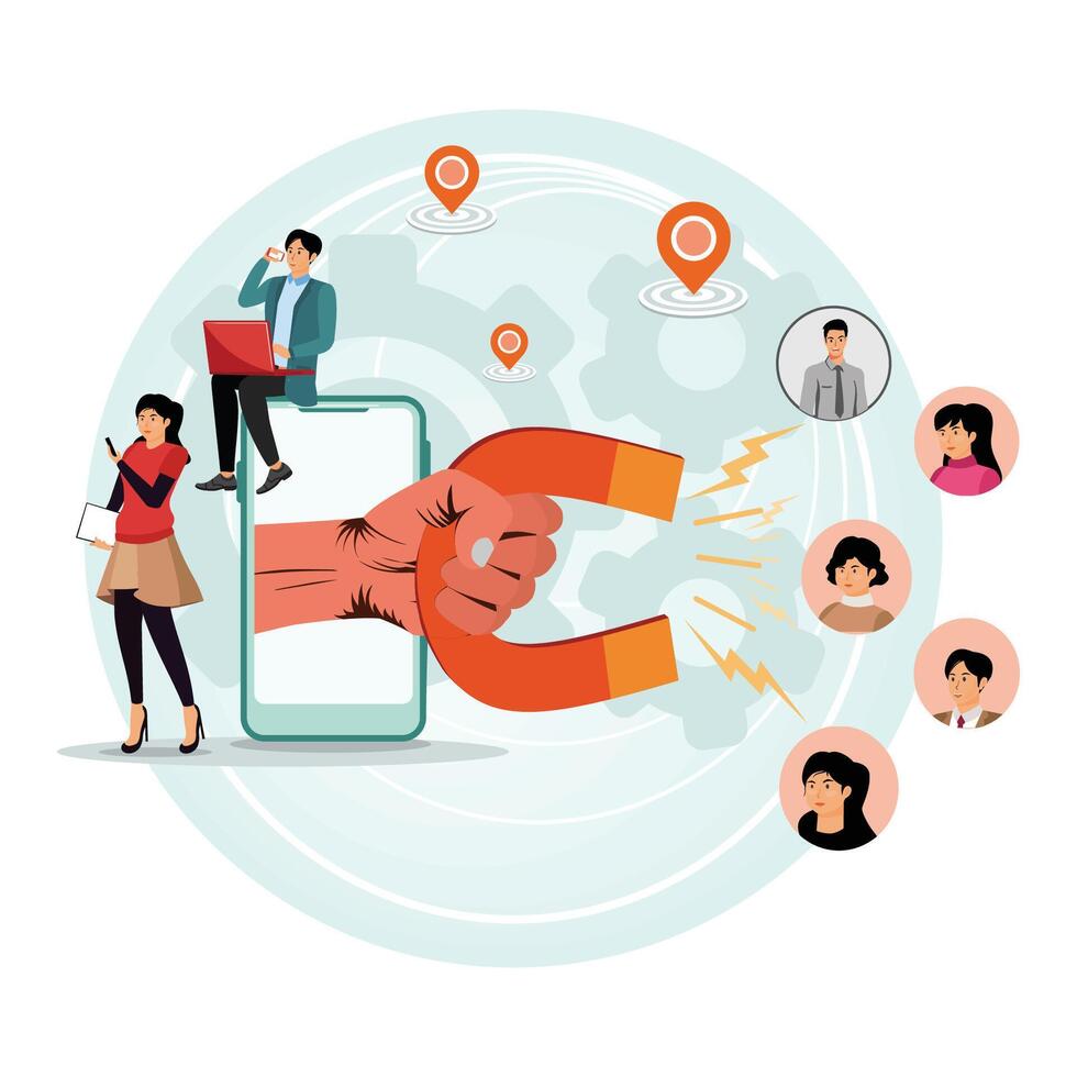 Social media ultra violet concept with magnet engaging followers and likes. vector