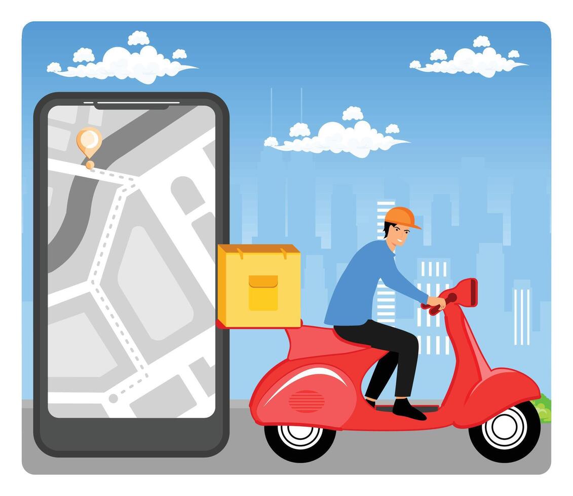 Online order tracking. Motorbike with delivery men. vector