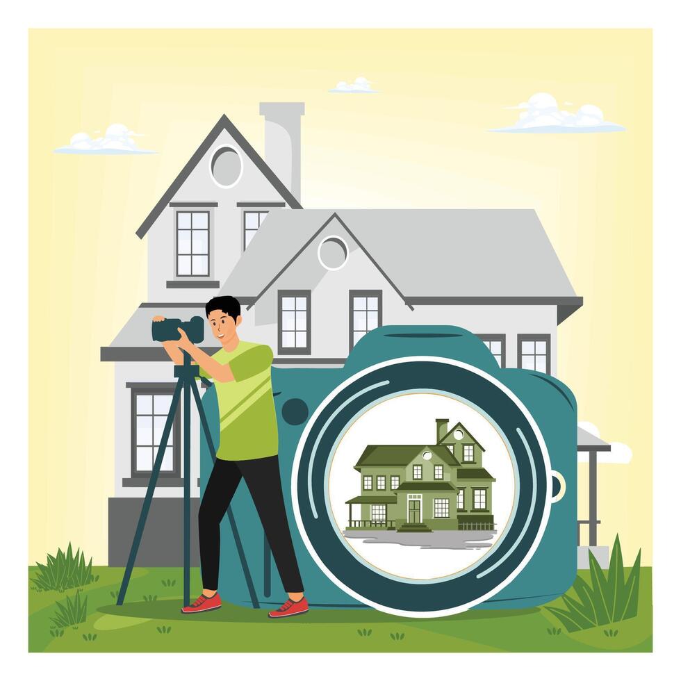 Real estate photography. Real Estate Photographer Capturing Residential Home with Camera. vector
