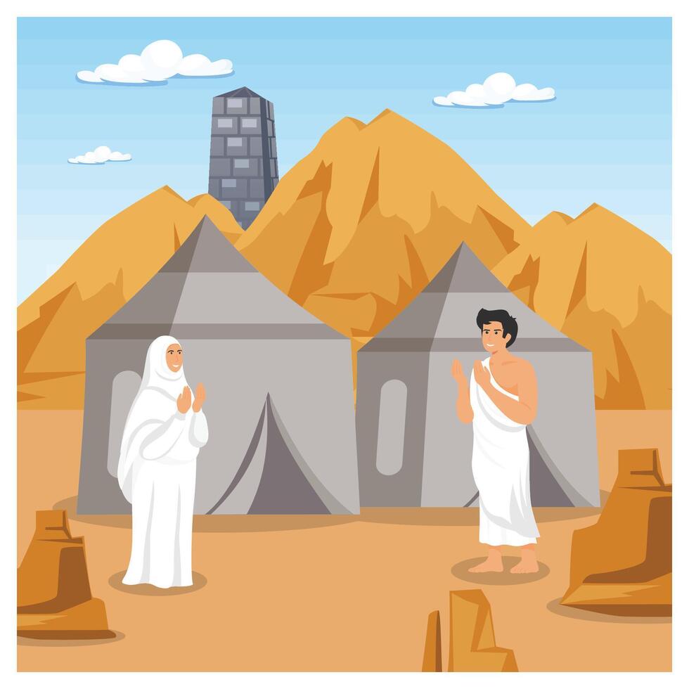 Muslims resting in tents on Islamic hajj pilgrimage. vector