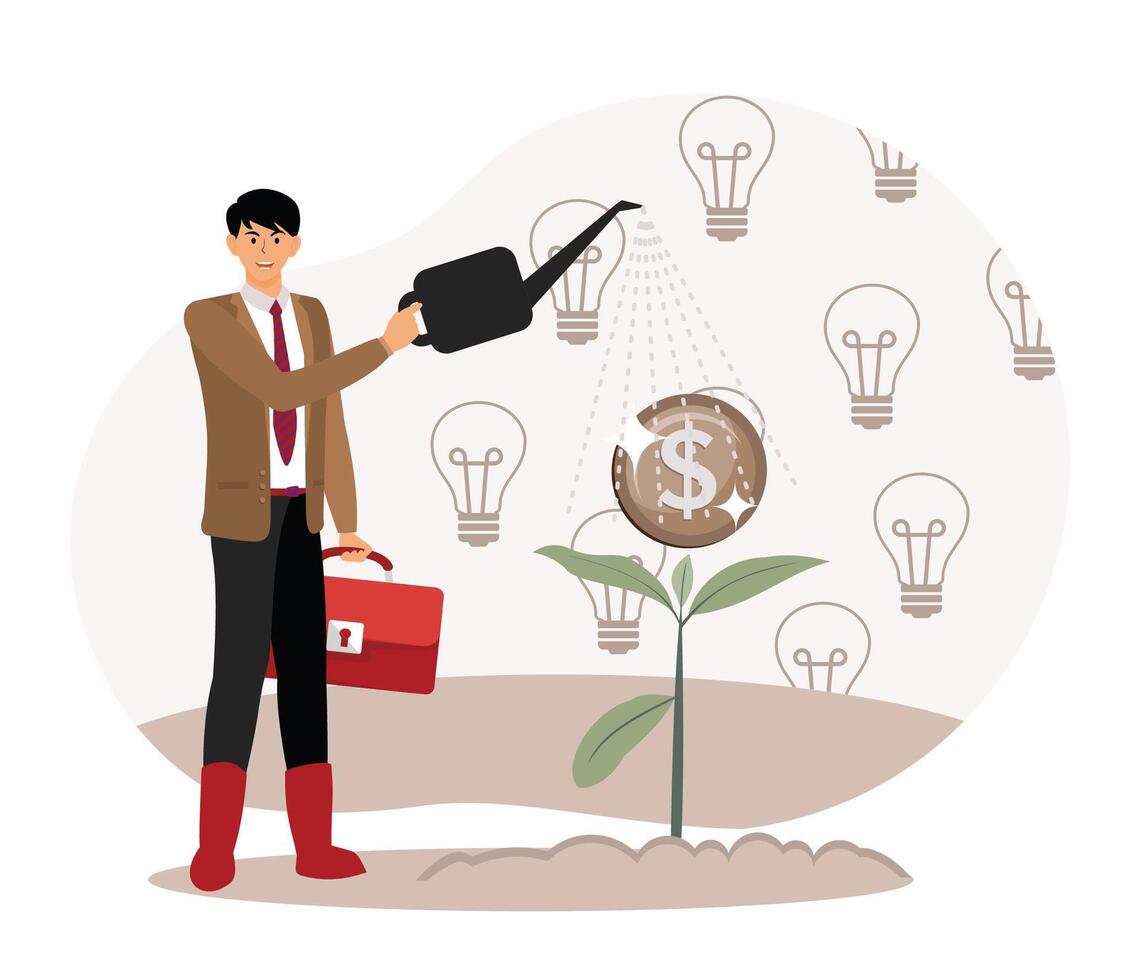 Start up or fund raising concept. Businessman Nurturing Growth With Money Coin Plant and Light bulbs vector