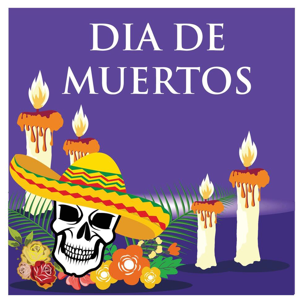 Celebratory Dia de Muertos with Skull, Candles, and Flowers. vector