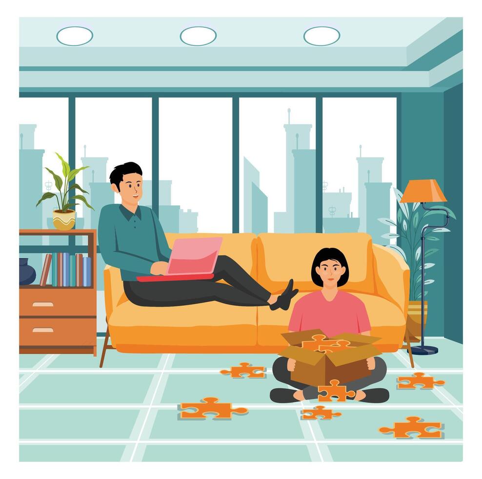 Mental therapy. Family Bonding with Puzzle Activity and Laptop Work in Modern Living Room. vector