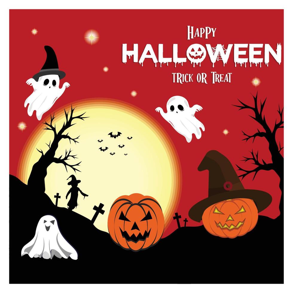 Happy halloween trick or treat text with cute ghost and pumpkin elements for spooky yard party celebration. vector