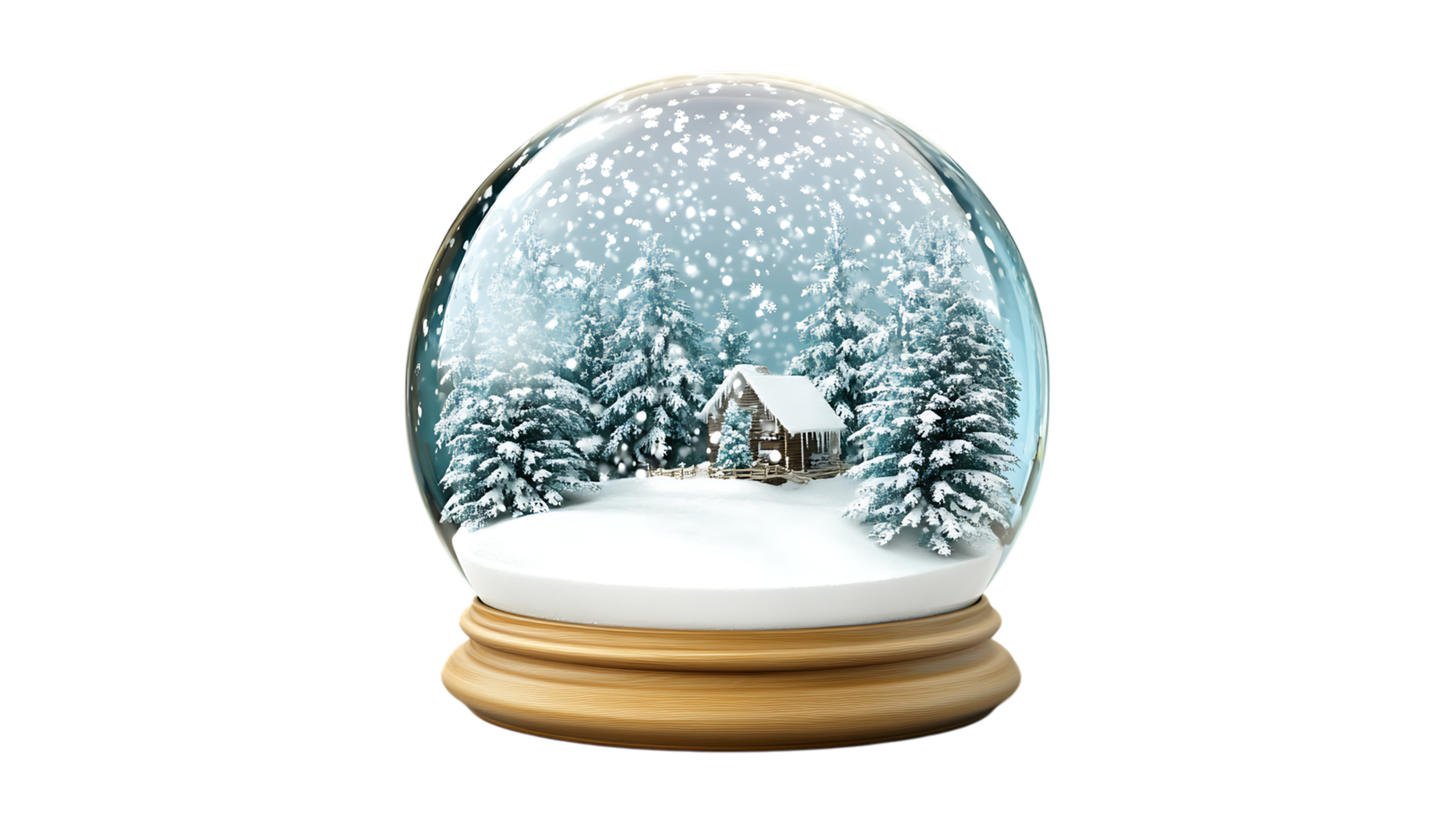 Winter snow globe with cabin and falling snow. png