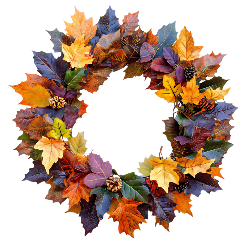 Autumn leaf wreath, fall colors, Thanksgiving decor png