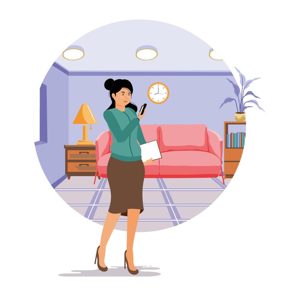Open house concept. Professional Woman Checking Mobile Phone in Stylish Living Room Interior. vector