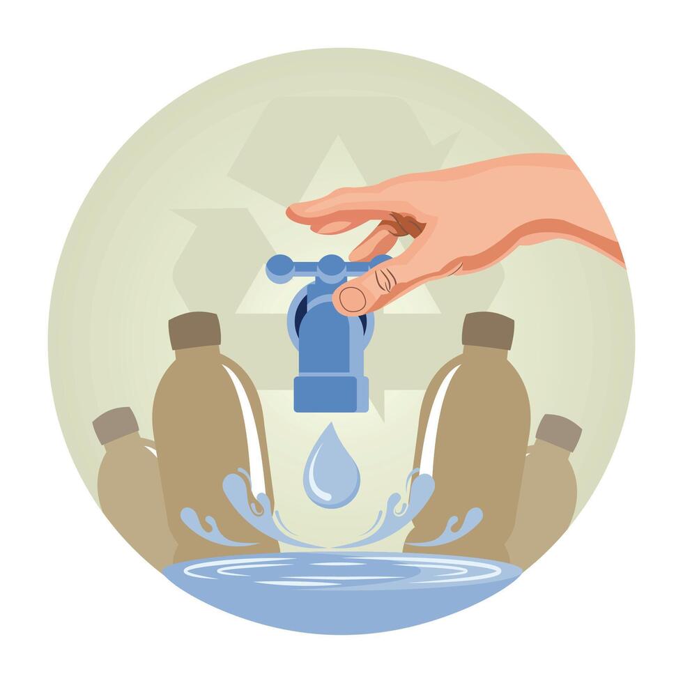 Eco Friendly transport. Hand Turning Faucet with Recycling Symbols and Plastic Bottles. vector