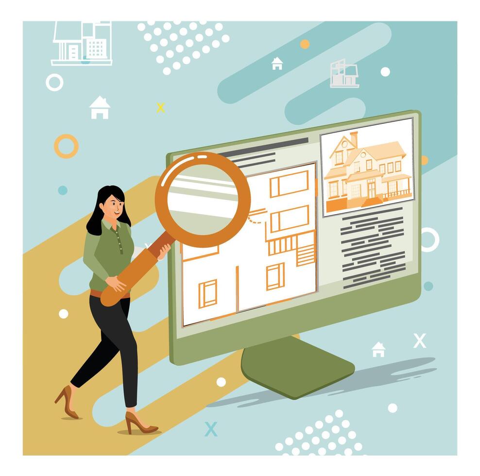Real estate floor plan. Woman Analyzing Property Design on a Monitor Using a Magnifying Glass. vector