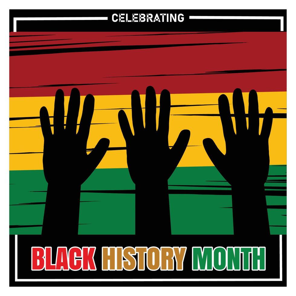 Honoring Black History Month, featuring vibrant colors, raised hands. vector