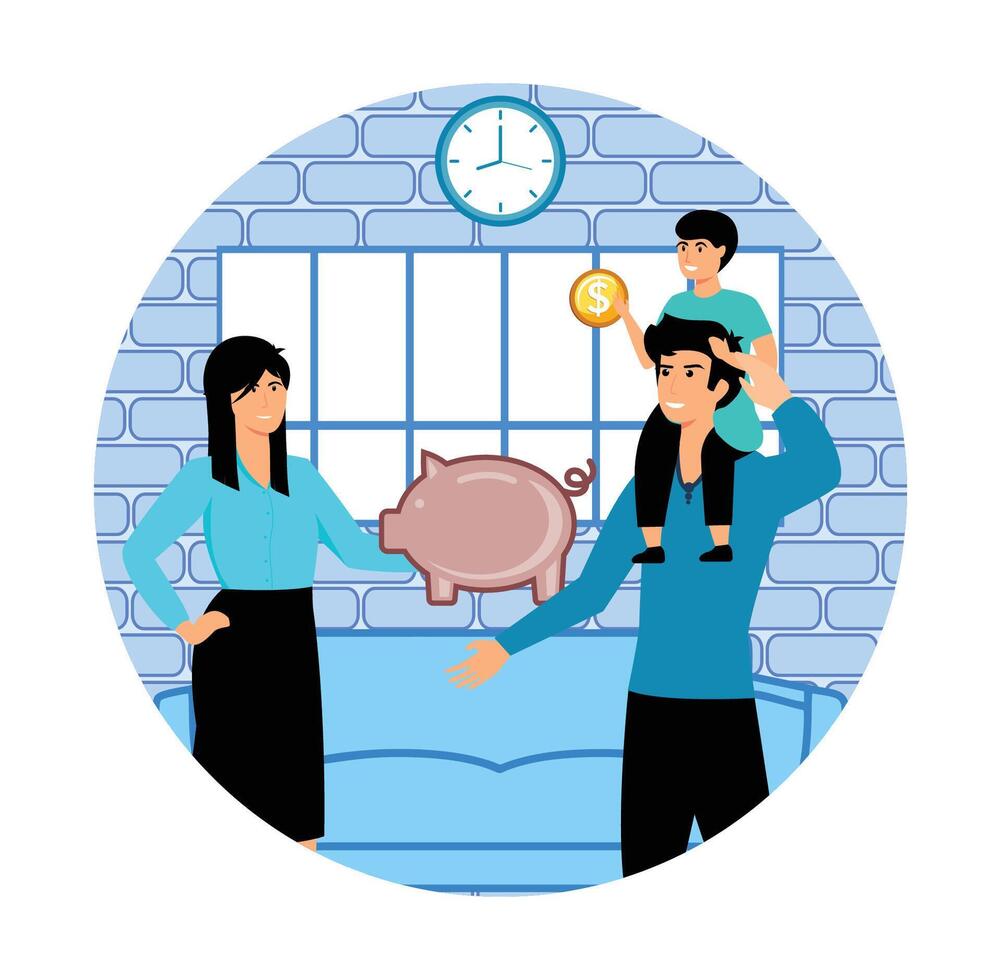 Budget planning Concept. Happy family putting money in piggy bank. vector