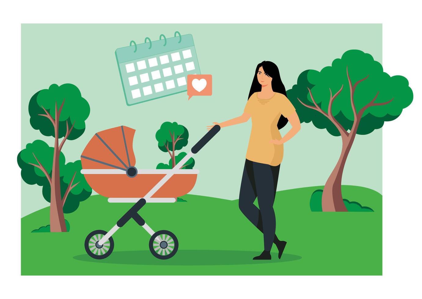 Maternity leave. Mother Strolling in Park With Baby Stroller Amid Nature Inspiration. vector