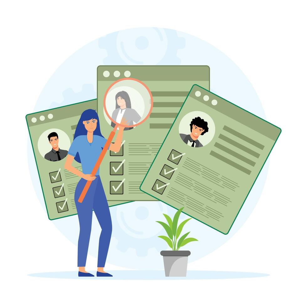 Job application. Recruiter Analyzes Candidate Profile in Office Environment. vector