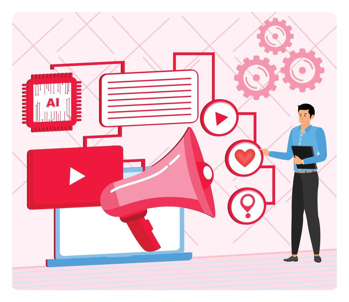 AI Streamline Content Creation. Modern Digital Marketing with AI Tools and Strategic Visualization. vector