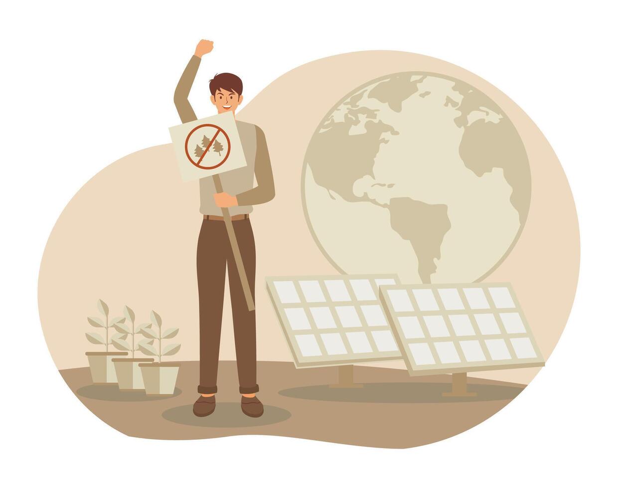 Save the Earth. Renewable Energy and Tree Conservation Beside Solar Panels. vector