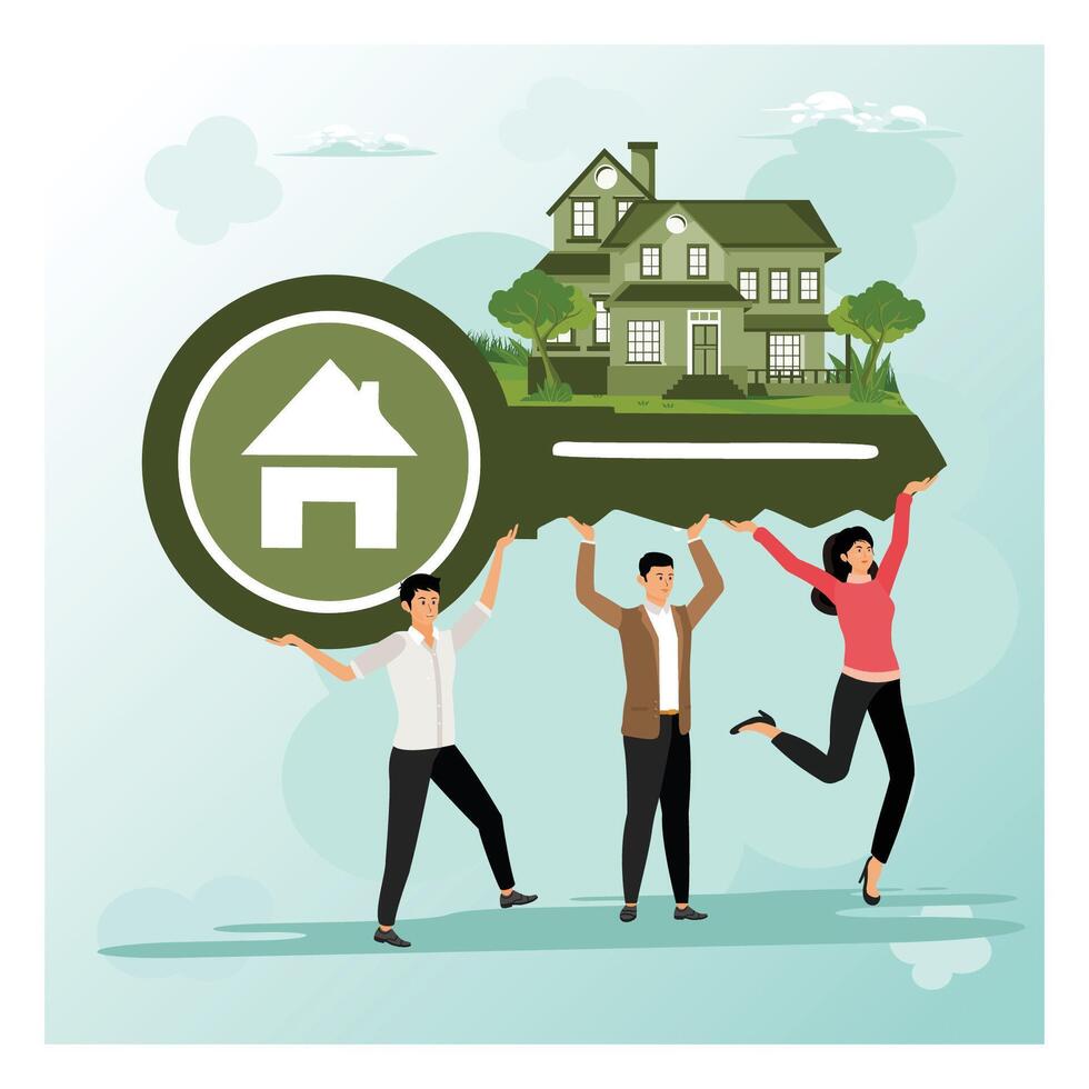 Home Conceptual. Characters carry the key of the property with the house on the key. vector