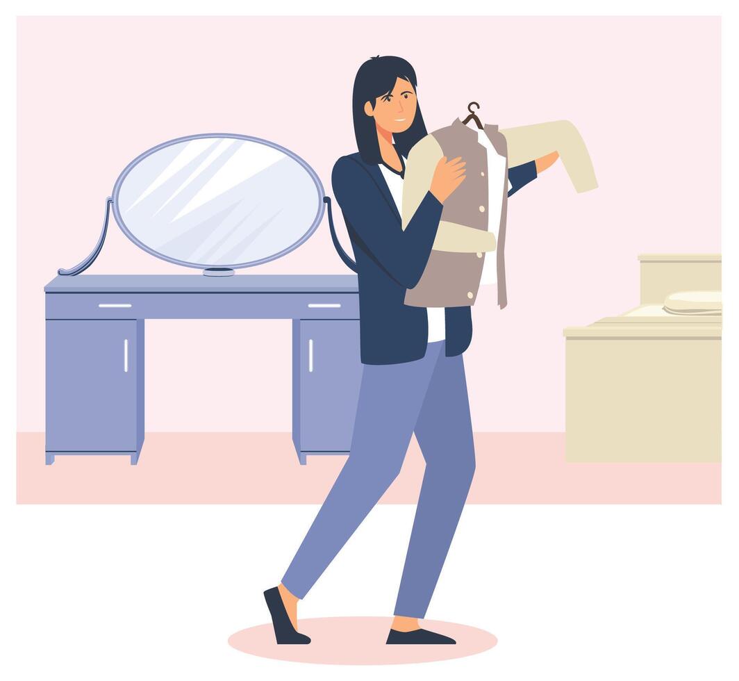 Woman Preparing Clothing in Modern Room with Stylish Furniture and Mirror Decor. vector