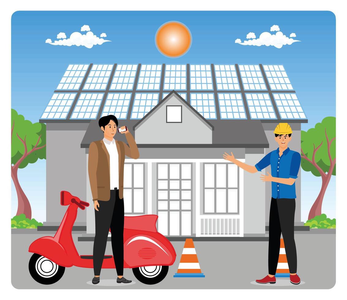 Solar panel Rooftop installation Engineer installer team service Office Work. vector